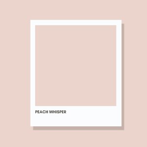 May include: A white-framed image with a peach-colored center, set against a matching peach background. The text "PEACH WHISPER" is displayed in black at the bottom of the frame. The overall aesthetic is minimalist and soft.