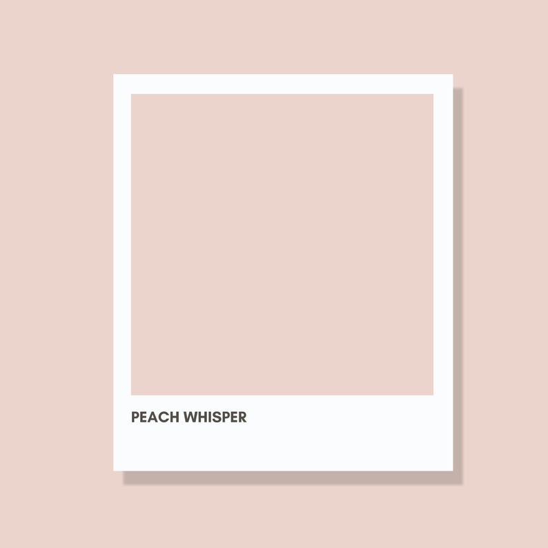 May include: A white-framed image with a peach-colored center, set against a matching peach background. The text "PEACH WHISPER" is displayed in black at the bottom of the frame. The overall aesthetic is minimalist and soft.