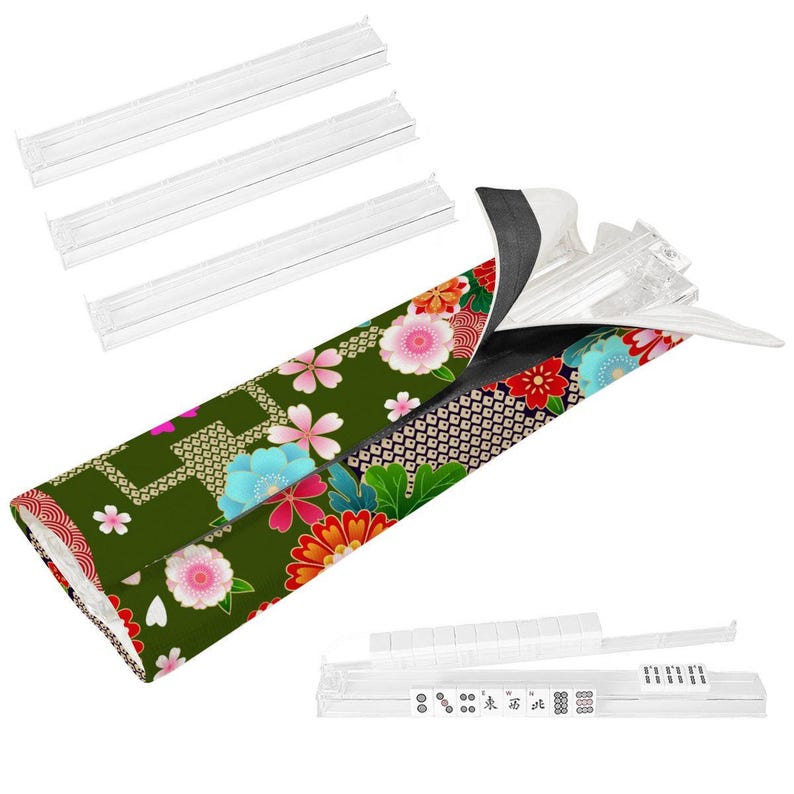 Mahjong Clear Tile Pusher Racks Japanese Floral Chrysanthemum Pattern Red Green White image 2