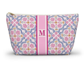Monogrammierte Mahjong Fliesen Aufbewahrungstasche - Preppy Pink Aquarell Blumengitter Druck