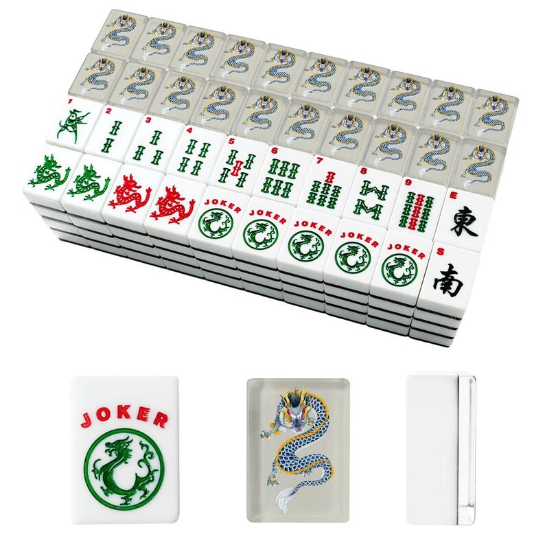 American Mahjong Tiles Set - Chinese Dragon Dark Blue Mustard Yellow Pastel Gray image 4