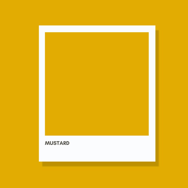 May include: A square white frame with rounded corners, containing a mustard-colored square. The word "MUSTARD" is printed in black, centered at the bottom of the frame. The background is a solid mustard color, with a slight shadow.