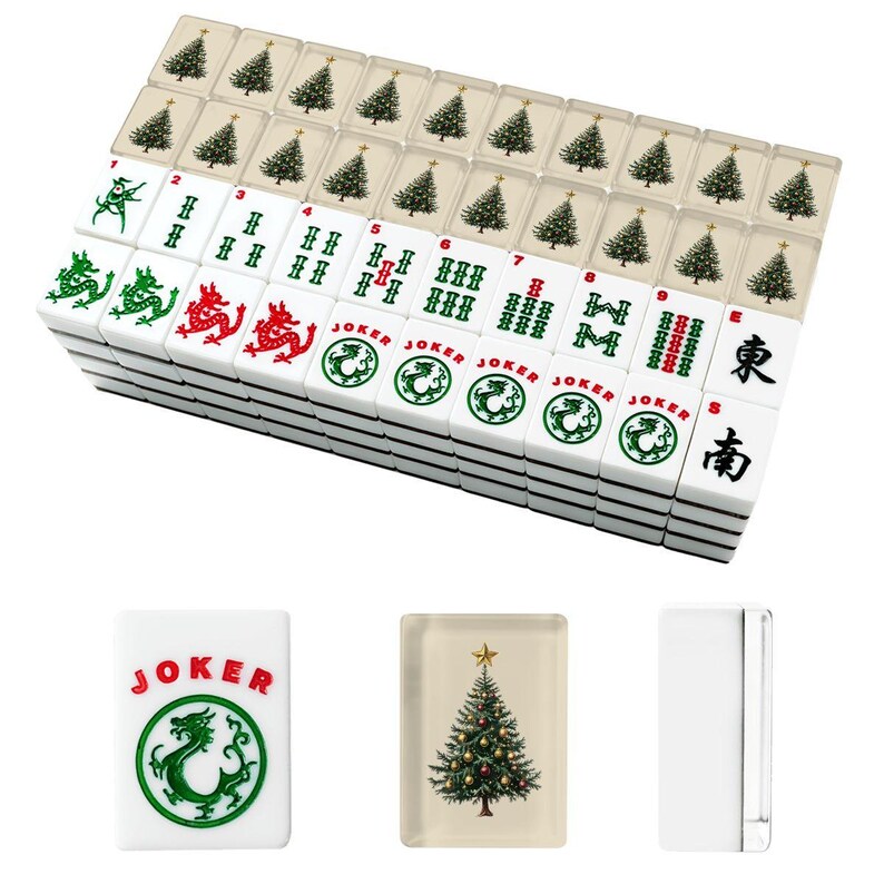 American Mahjong Tiles Set Christmas Tree Vintage Design Dark Green Red Beige image 4