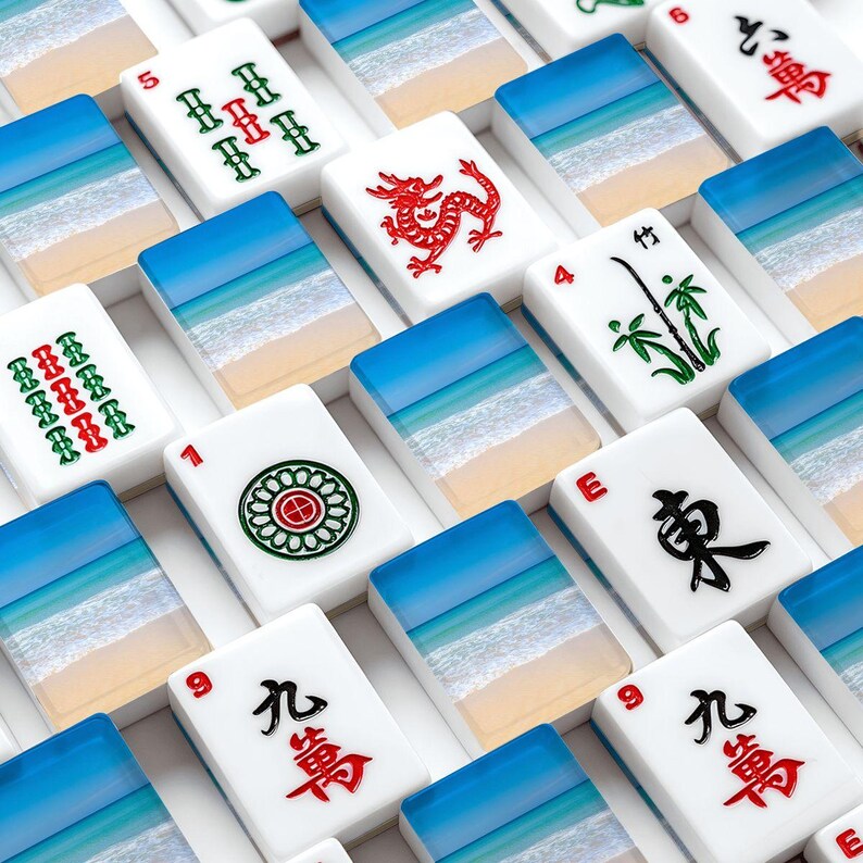 American Mahjong Tiles Set Coastal Ocean Waves on Beach Warm Blue Beige White image 2