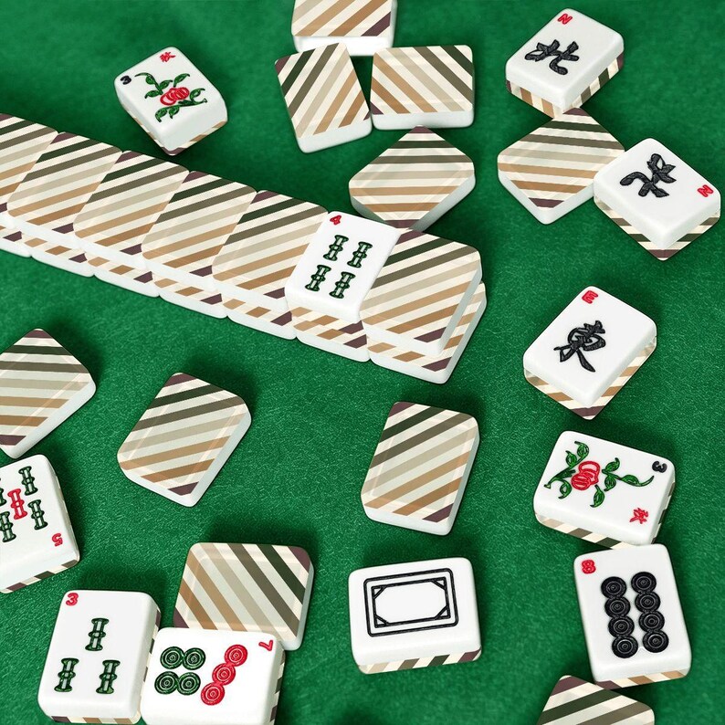 Amerikaanse mahjongtegelset winterbos streeppatroon bruin kakigroen crème afbeelding 3