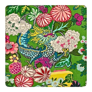 May include: A square fabric swatch featuring a vibrant green background with a repeating pattern of a blue and yellow dragon surrounded by large, colorful chrysanthemum flowers in shades of pink, white, and red, alongside a yellow lantern.