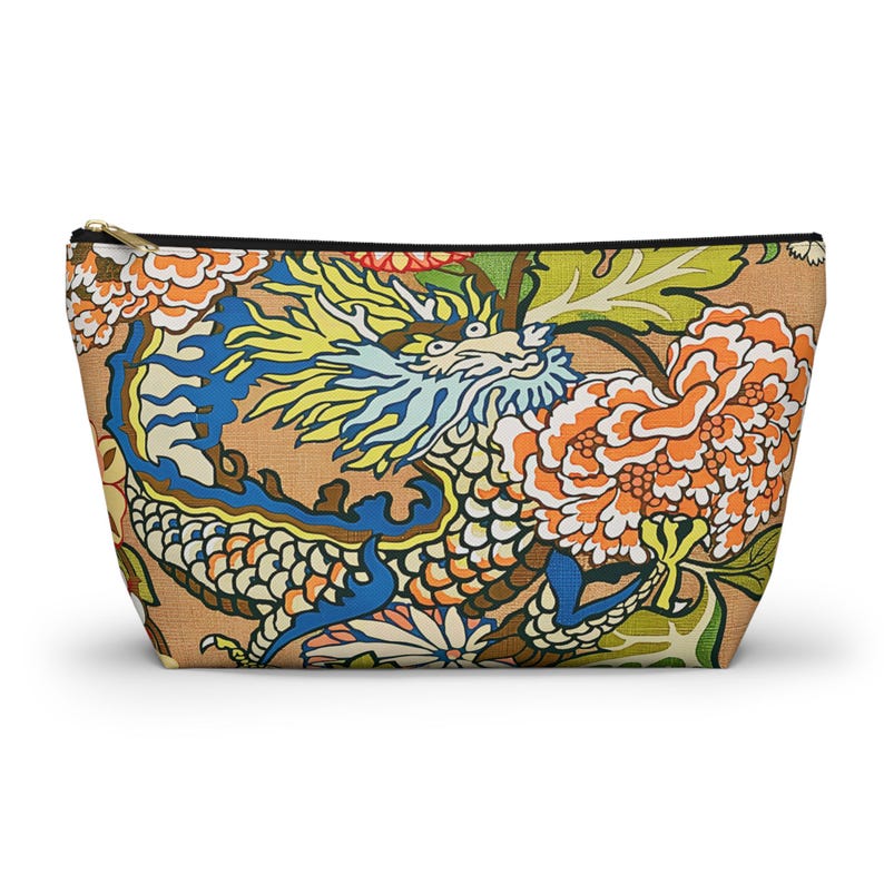 Mahjong Tiles Storage Bag Imperial Dragon Colorful Chinoiserie Pattern Tan image 1