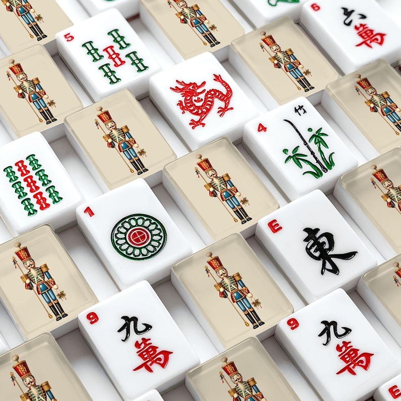American Mahjong Tiles Set Toy Soldier Vintage Christmas Design Blue Red Beige image 2