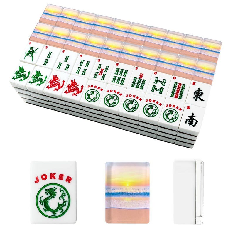 Amerikanskt Mahjong-plattset Kustnära havsvågor på stranden Persikablå Gul Vit bild 4