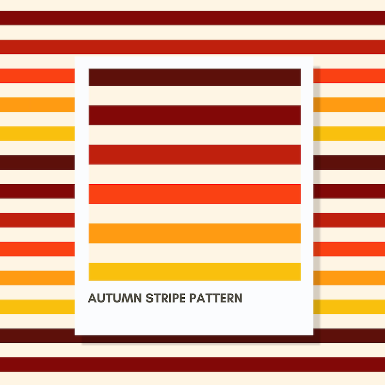 Op de afbeelding: Een rechthoekige grafische print met een herhalend horizontaal strepenpatroon in tinten donkerbruin, dieprood, feloranje, goudgeel en cr&egrave;me. De tekst AUTUMN STRIPE PATTERN is in donkergrijs onderaan de witte rand gedrukt.