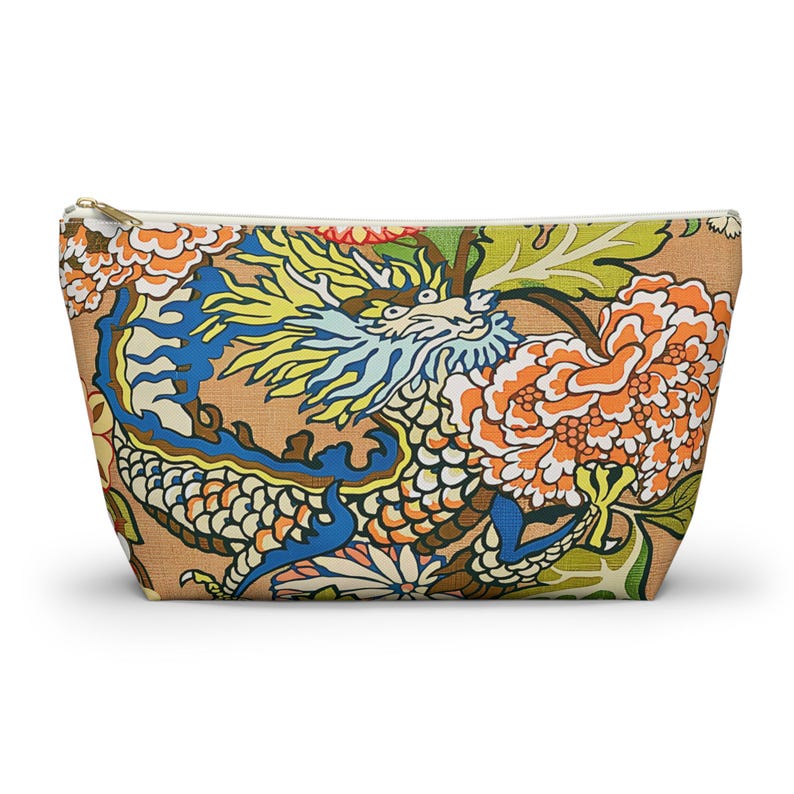 Mahjong Tiles Storage Bag Imperial Dragon Colorful Chinoiserie Pattern Tan image 7