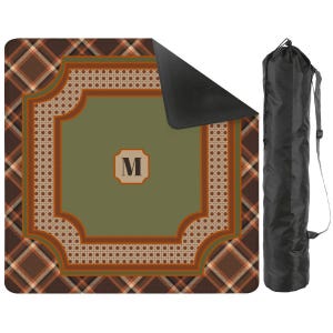 Tapete de mahjong estilo preppy verde, marrón y naranja con estampado de mimbre - Monograma opcional - Borde festoneado o cuadrado