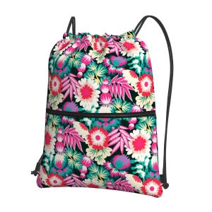 May include: A drawstring backpack with a vibrant floral pattern. The design features large white and pink flowers, teal accents, and pink leaves against a black background. The bag has black drawstrings and a black zip pocket.