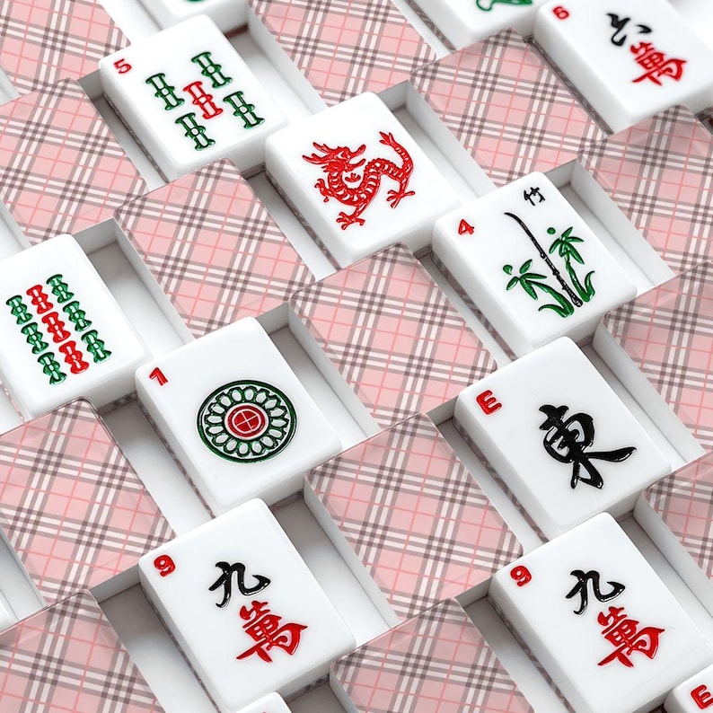 American Mahjong Tile Set with Jokers Light Pink Tartan Plaid Pattern - Tiles Only image 1