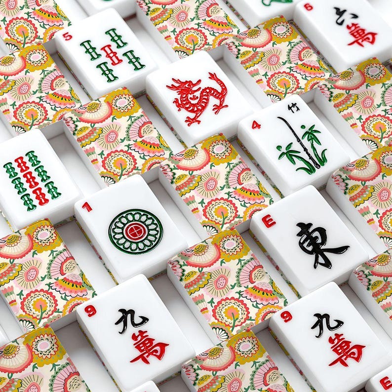 Amerikanskt Mahjong-plattset Retro Whimsy Blommig Senap Gul Salvia Grön bild 2