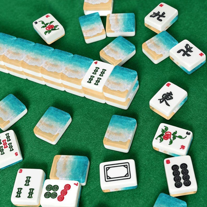 American Mahjong Tiles Set Coastal Print Summer Beach Shore Teal Blue Turquoise Aqua White image 2