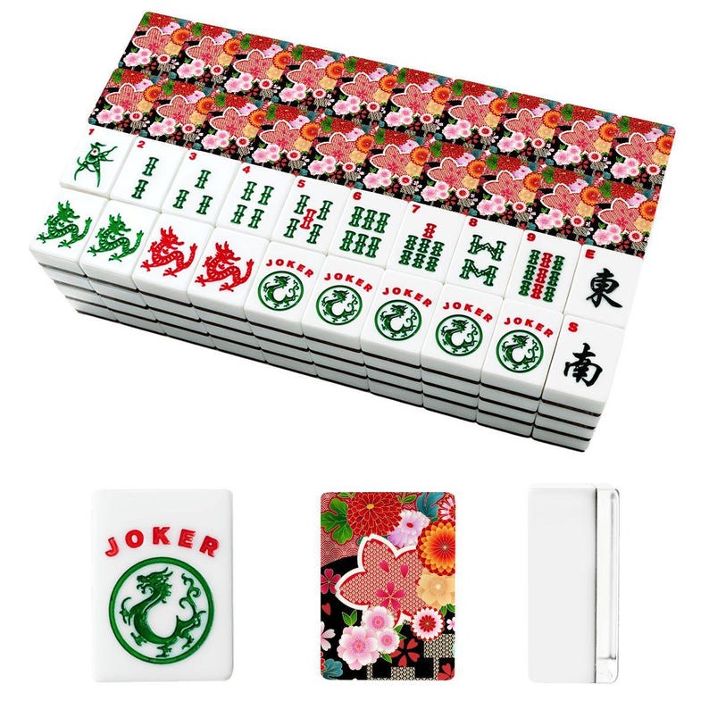 Fichas de mahjong americanas con estampado floral japonés de crisantemos en rojo, negro y blanco. imagen 3