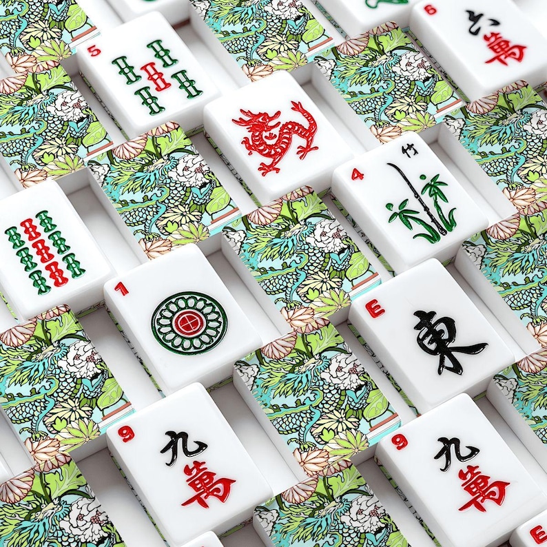 American Mahjong Tiles Imperial Dragon Colorful Chinoiserie Pattern Aqua Blue image 2