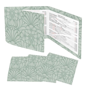 May include: A wallet and three matching coasters. The wallet is open, revealing interior pockets. All items feature a repeating floral pattern in shades of green and white. The items are made of a fabric material and have white stitching.