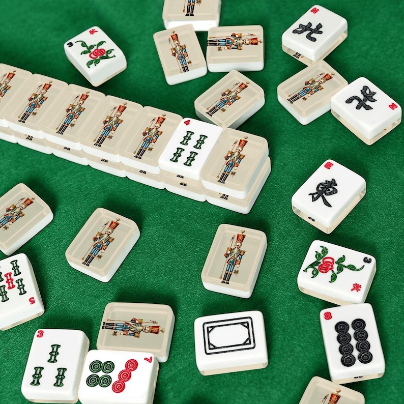 American Mahjong Tiles Set Toy Soldier Vintage Christmas Design Blue Red Beige image 3
