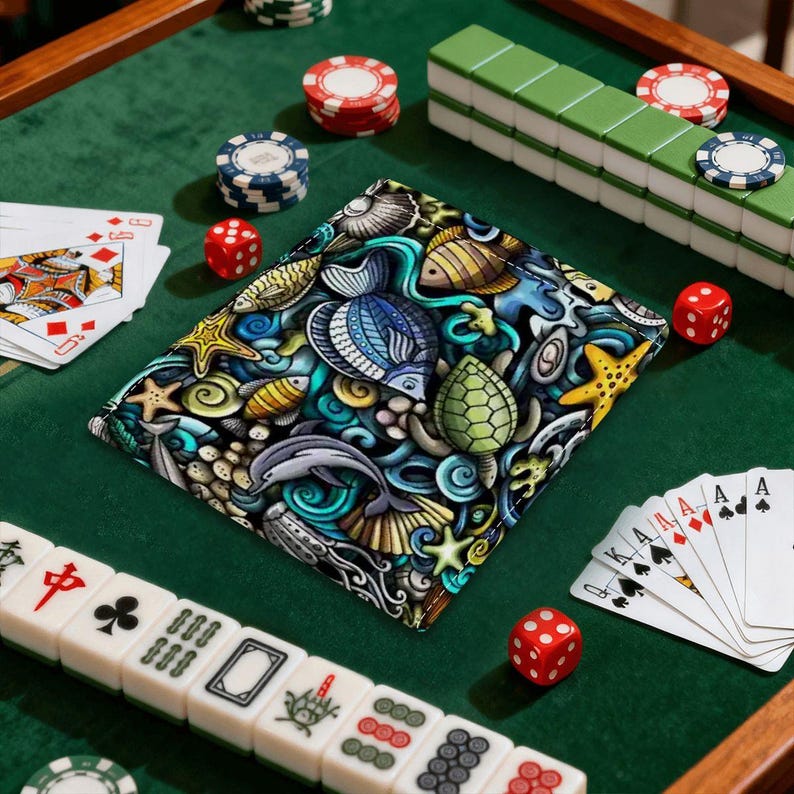 Mahjong Card Holders Coastal Sea Life Underwater Theme Collage Pattern image 2