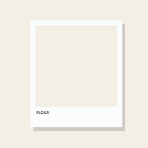 May include: A square graphic print featuring a solid off-white or cream-colored center panel framed by a thick white border. The word FLOUR is printed in a simple, bold, black sans-serif font in the lower-left corner of the white border area.
