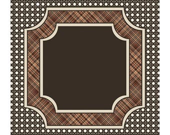 May include: A square coaster featuring a central dark brown panel framed by a border of brown and tan plaid. The outer edge displays a white and dark brown circular grid pattern. The design is symmetrical with rounded corners on the inner frame.