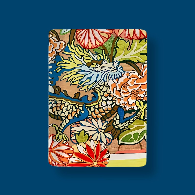 May include: A rectangular decorative panel featuring a vibrant illustration of a blue and yellow dragon intertwined with large, colorful chrysanthemum flowers in shades of red, orange, and white, set against a textured, light brown background.