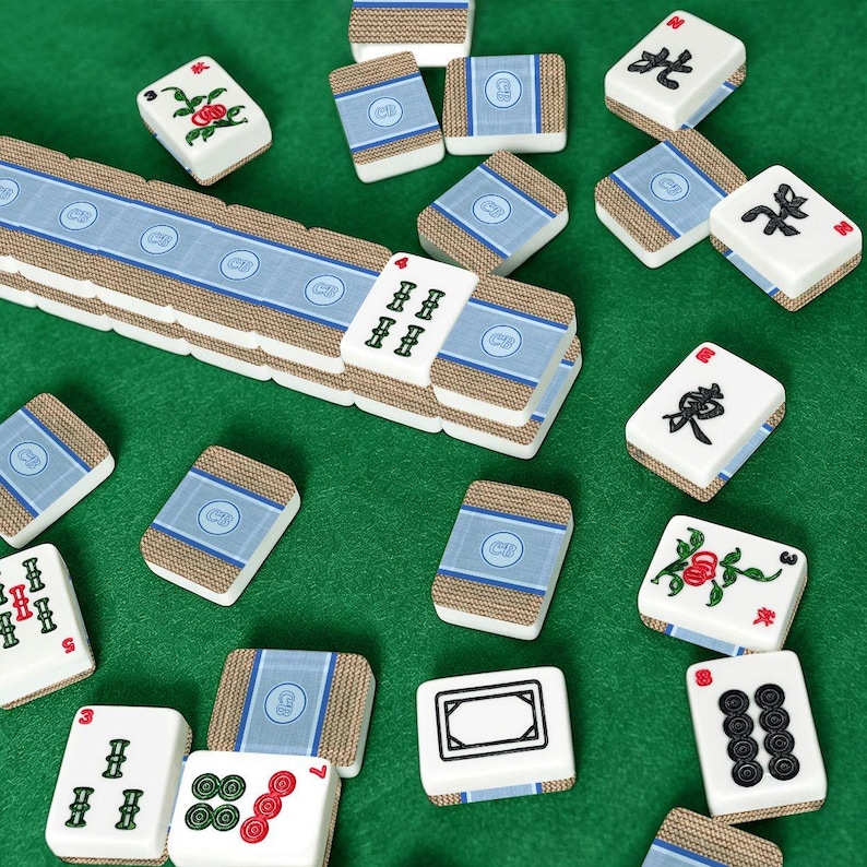 "Amerikanische Mahjong Fliesen Set ""Küsten Sackleinen"" Sammlung Personalisierte Name Blau Jute." Bild 3