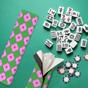 Mahjong Pusher Rack Set + Custom Storage Bag - Dopamine Decor Pink & Green Print