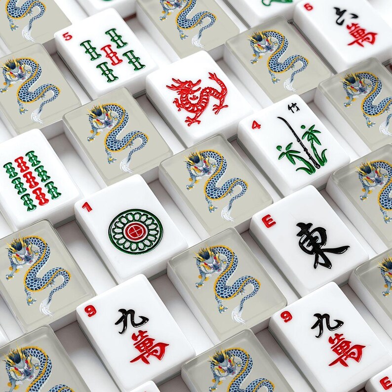 American Mahjong Tiles Set - Chinese Dragon Dark Blue Mustard Yellow Pastel Gray image 2