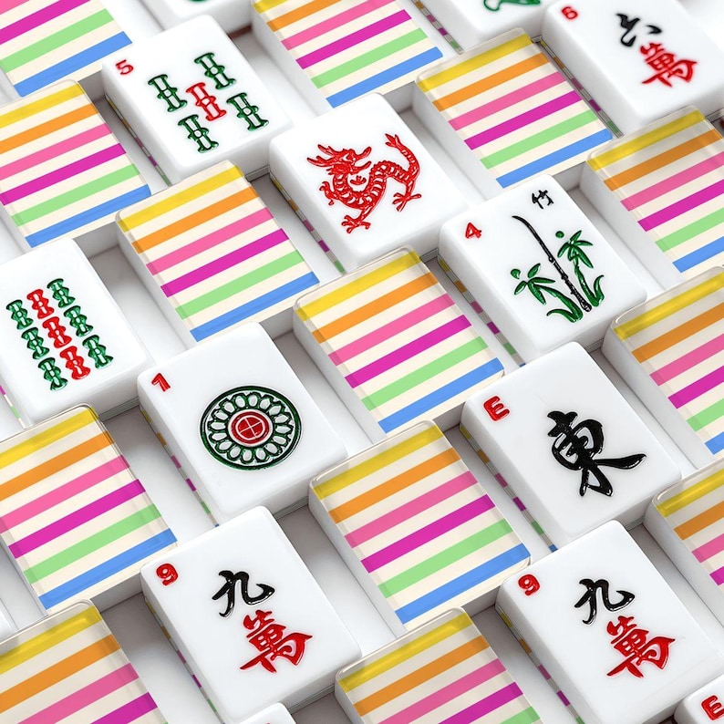 American Mahjong Tiles Set Preppy Summer Stripes Pattern Pink Yellow Blue image 2