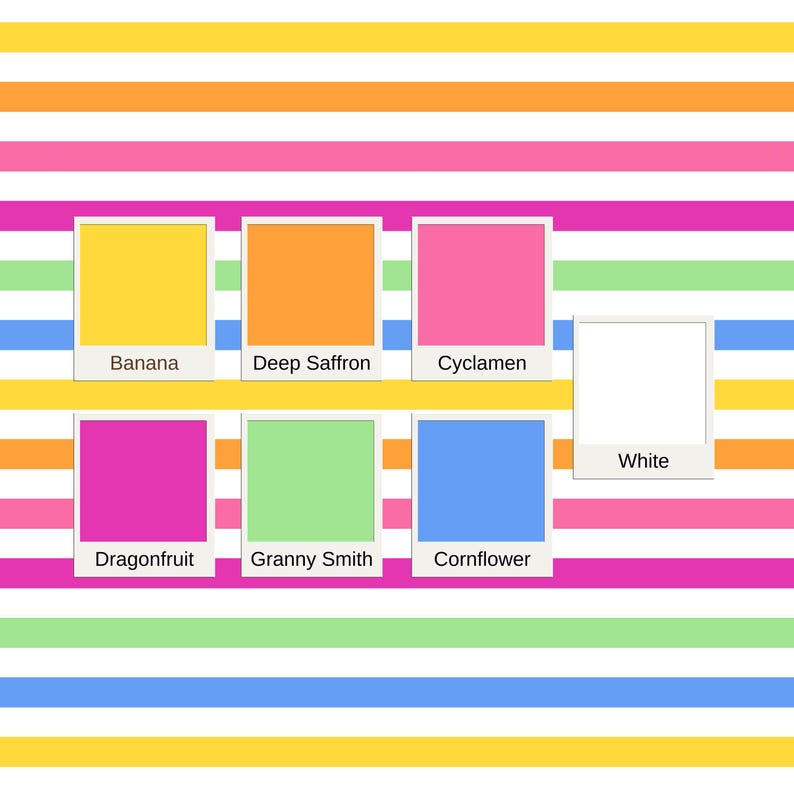 K&ouml;nnte beinhalten: Eine Farbkarte mit sieben quadratischen Farbfeldern, beschriftet mit Banana, Deep Saffron, Cyclamen, Dragonfruit, Granny Smith, Cornflower und White, angeordnet auf einem Hintergrund aus horizontalen Streifen in Gelb, Orange, Wei&szlig;, Pink, Gr&uuml;n und Blau.