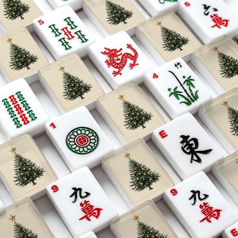American Mahjong Tiles Set Christmas Tree Vintage Design Dark Green Red Beige image 2