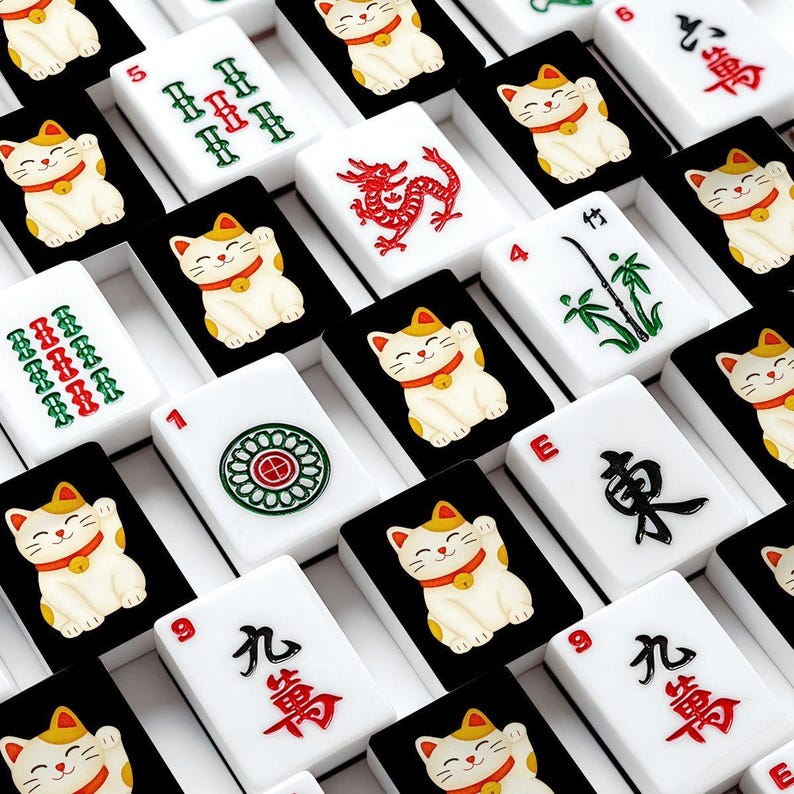 American Mahjong Tiles Set - Maneki Neko Cat Lucky Charm Print image 1