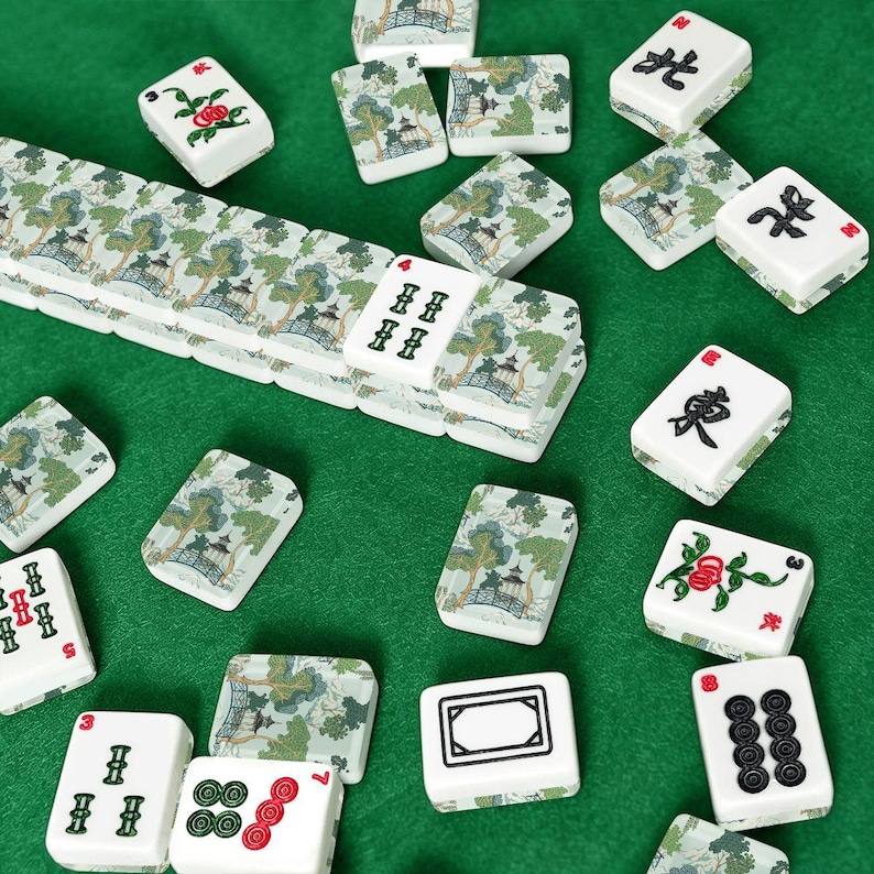 American Mahjong Tiles Set Chinoiserie Gazebo Pattern Light Blue image 2
