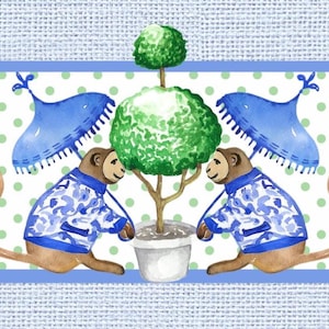 May include: A decorative border pattern featuring two brown monkeys wearing blue and white patterned jackets. Each monkey holds a blue umbrella. Between them is a green topiary in a white pot. The background has green polka dots on white.