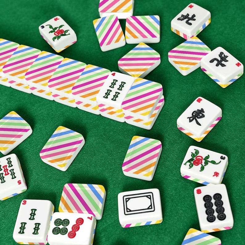 American Mahjong Tiles Set Preppy Summer Stripes Pattern Pink Yellow Blue image 3