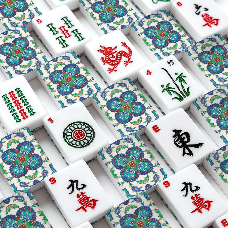 Premium American Mahjong Tile Set - Antique Blue Persian Tile Pattern image 1