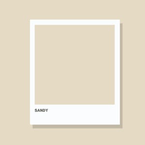 May include: A square graphic print featuring a solid sandy beige color block framed by a thick white border. The word SANDY is printed in a clean, black sans-serif font in the lower left corner of the white border area, creating a simple design.
