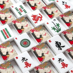 American Mahjong Tiles Set Japanese Ukiyo-e Woman & Cat by Yoshitoshi 1888 image 2