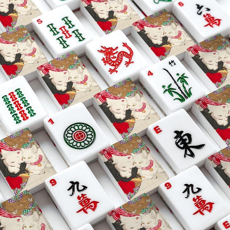 American Mahjong Tiles Set Japanese Ukiyo-e Woman & Cat by Yoshitoshi 1888 image 2