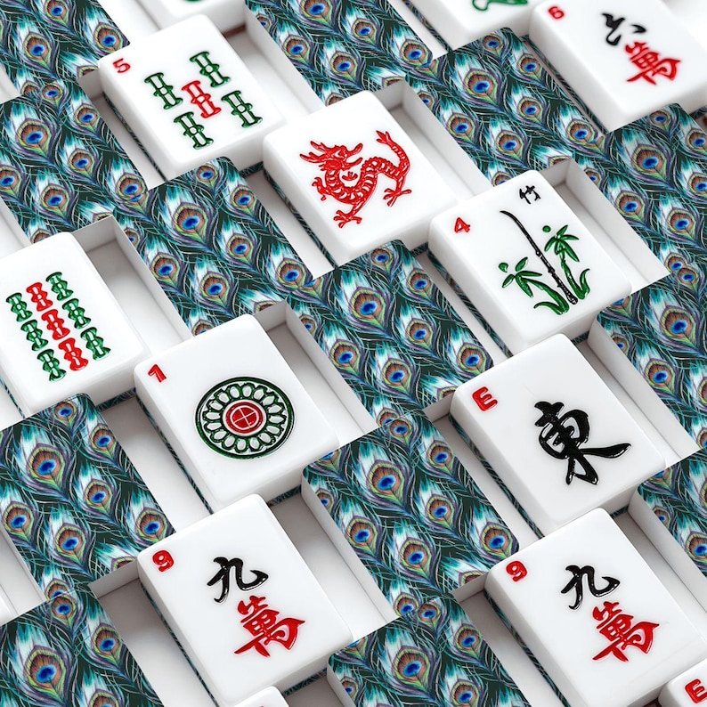 Juego de fichas de mahjong americano premium - Estampado con diseño de plumas de pavo real imagen 2