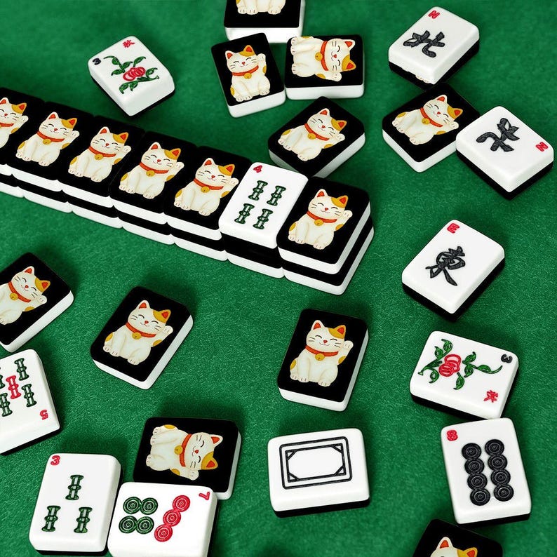 American Mahjong Tiles Set - Maneki Neko Cat Lucky Charm Print image 3