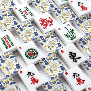 Amerikanische Mahjong Fliesen Set Happy Hanukkah Muster Blau Gelb Weiß Bild 2