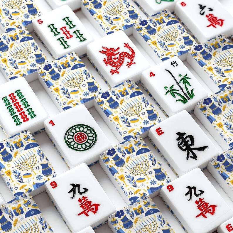 Amerikanische Mahjong Fliesen Set Happy Hanukkah Muster Blau Gelb Weiß Bild 2