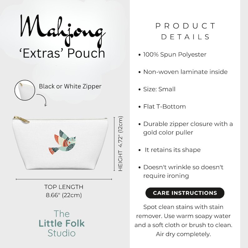 May include: A white Mahjong Extras Pouch made of 100% spun polyester with a non-woven laminate inside and a flat T-bottom. It features a gold-coloured zipper puller and a bird graphic. Dimensions are 22cm in length and 12cm in height.