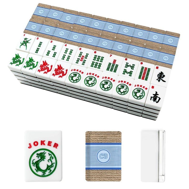 "Amerikanische Mahjong Fliesen Set ""Küsten Sackleinen"" Sammlung Personalisierte Name Blau Jute." Bild 4