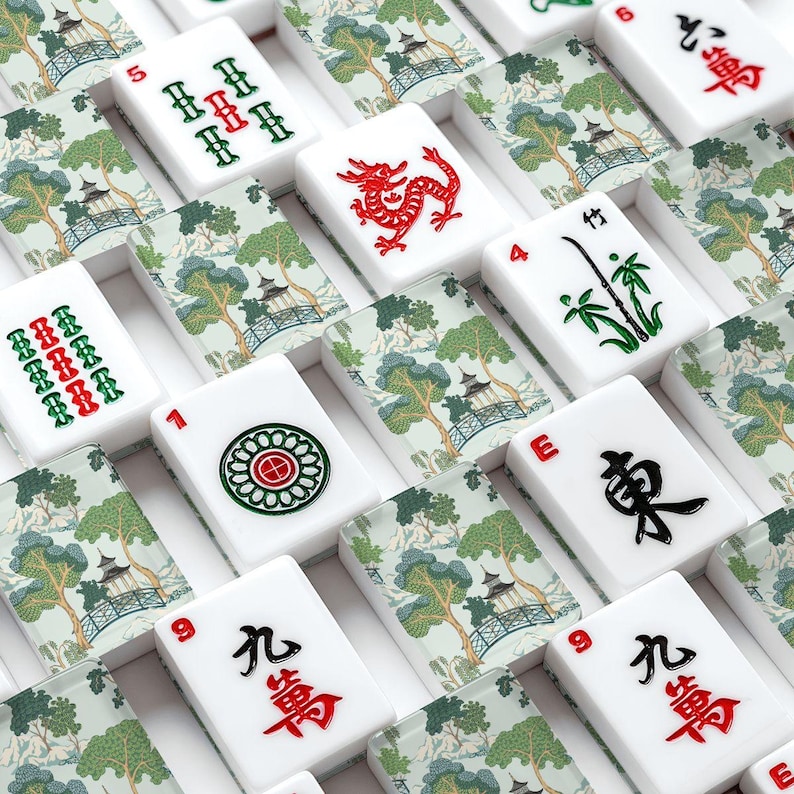 American Mahjong Tiles Set Chinoiserie Gazebo Pattern Light Blue image 1