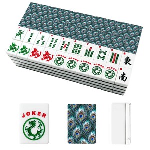 Juego de fichas de mahjong americano premium - Estampado con diseño de plumas de pavo real imagen 5